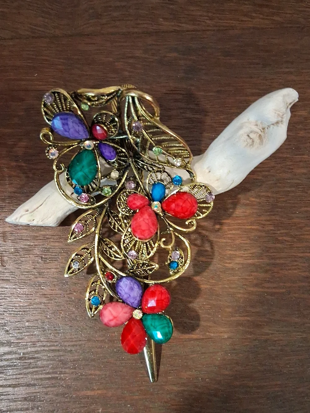 Multicolor Gem Floral Brooch - Gold-Tone Statement Pin